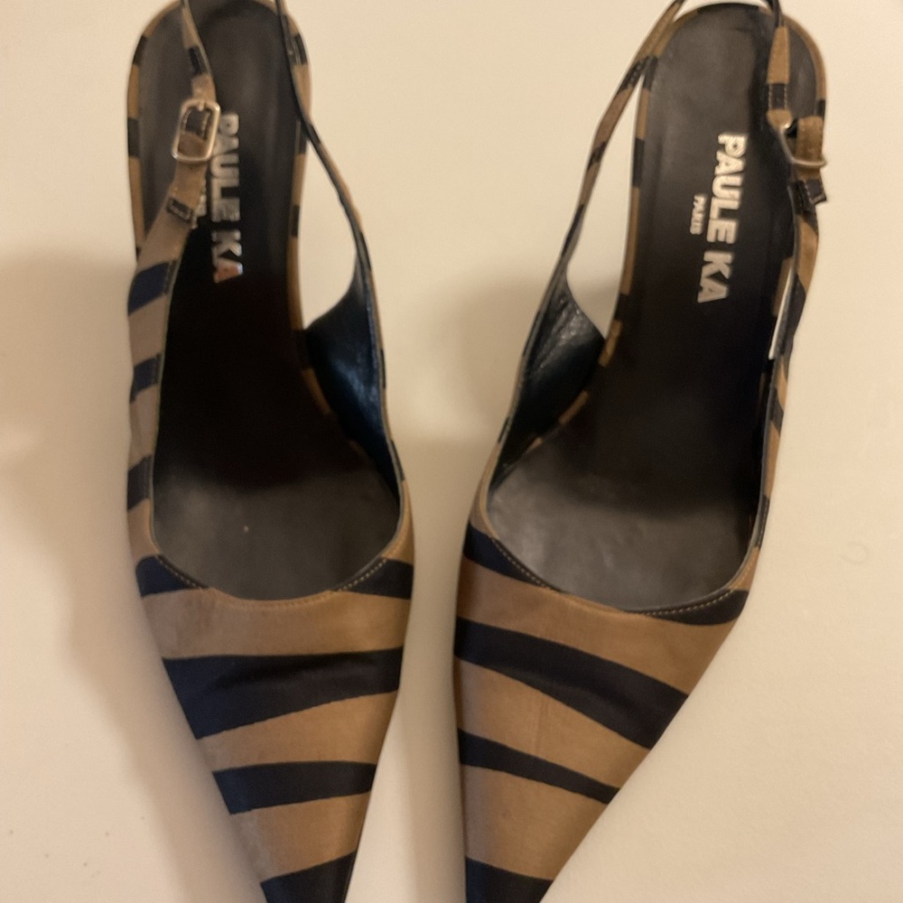 Paule Ka Navy and Tan Pointed Slingback Pumps